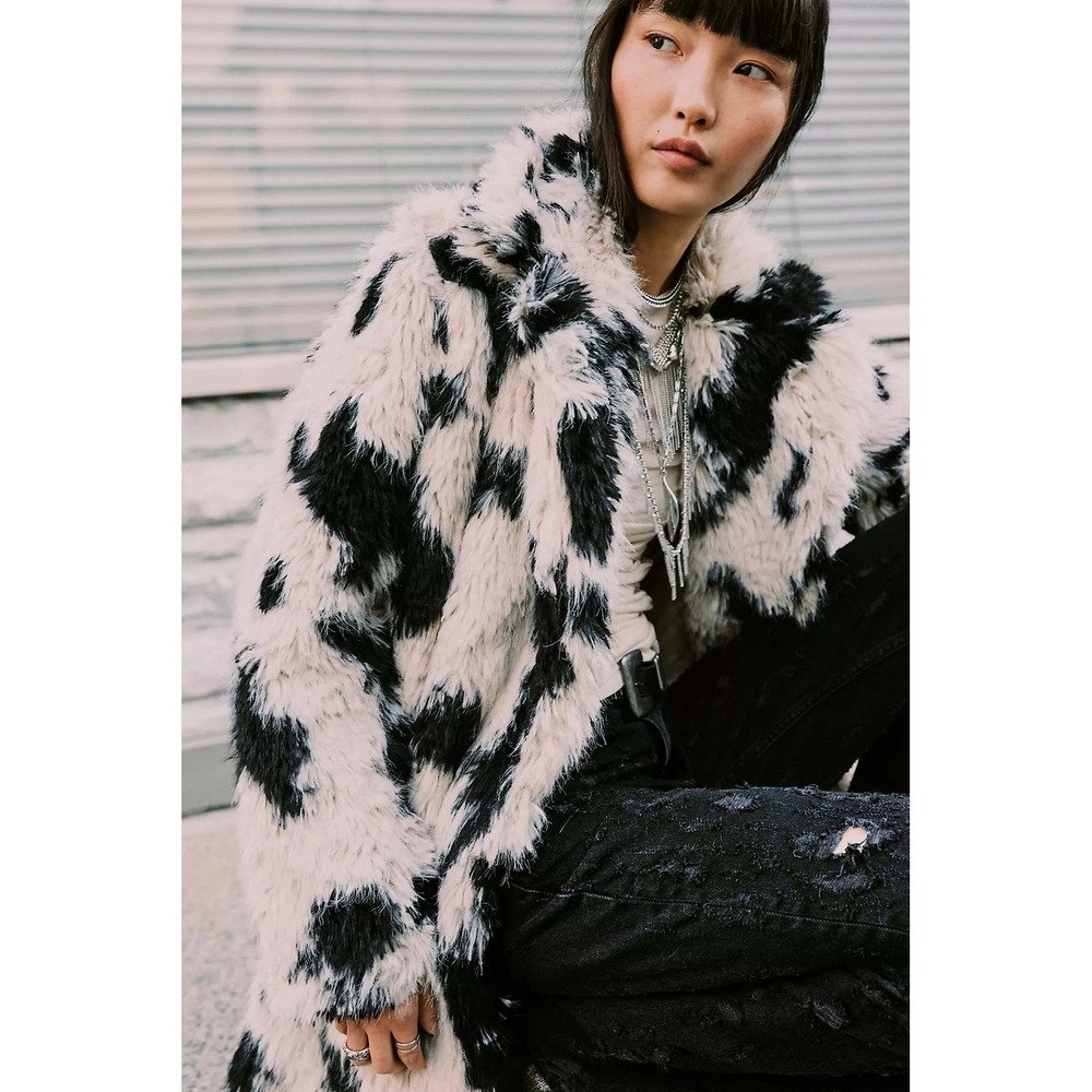 Free People‎ Jade Spotted Faux Fur Coat Black White Jacket Size Small NWT